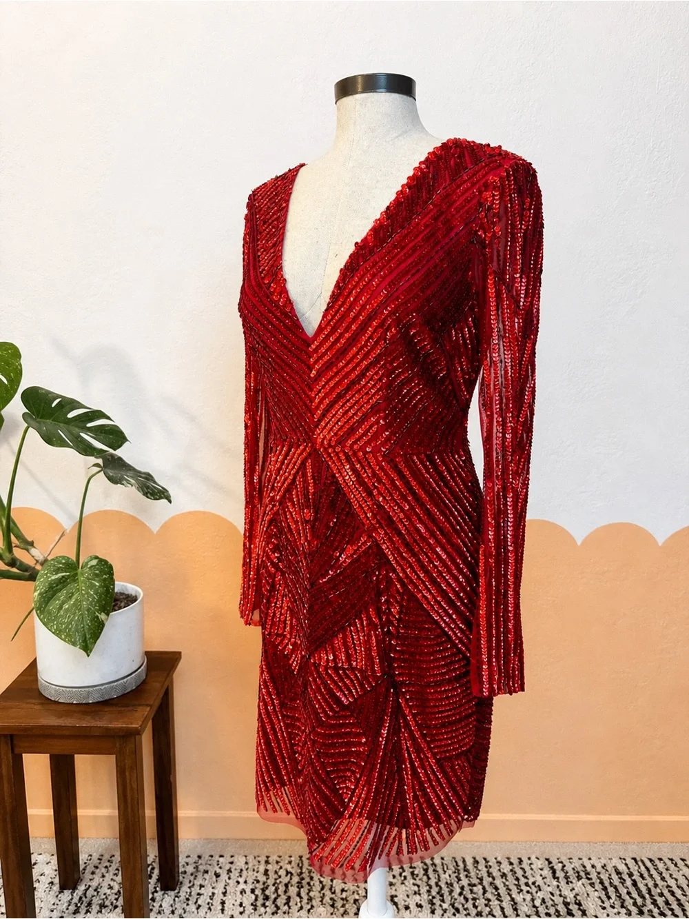 Gianni Bini Red Sloane Sequin Long-Sleeve V-Neck Dress - Picture 3 of 9